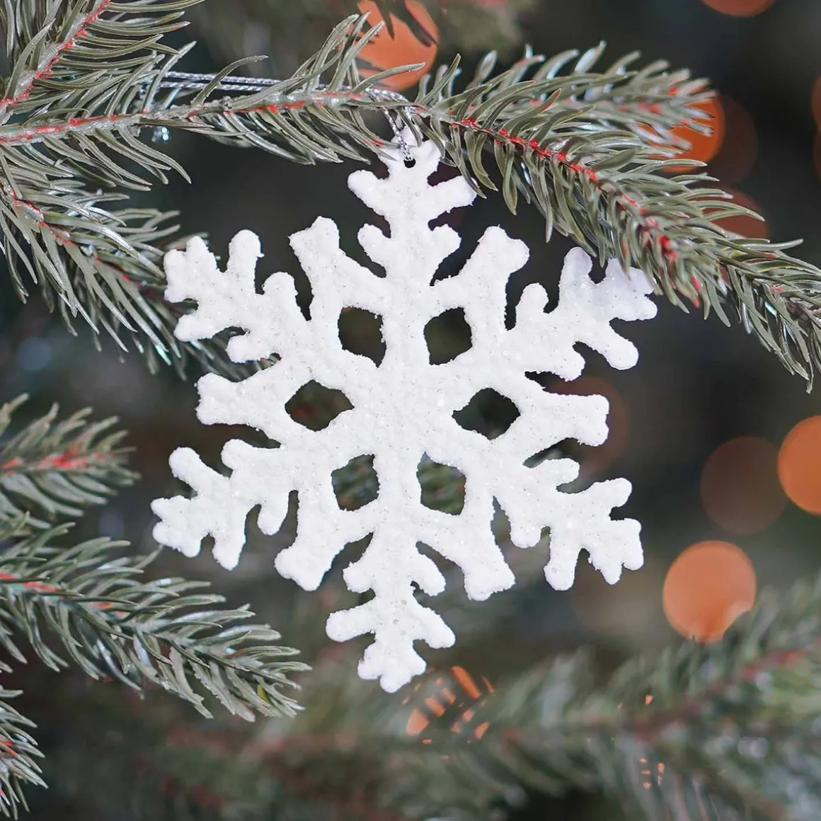 6 Glitzer Schneeflocken Créme-weiß, Kunststoff, 10 Cm