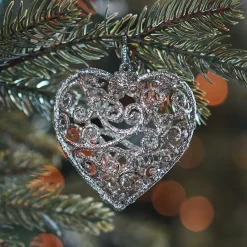 4 Glitzer Weihnachtsherzen Champagner, 7,5 Cm