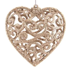 4 Glitzer Weihnachtsherzen Champagner, 7,5 Cm