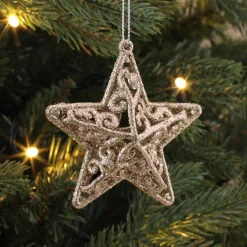 4 Glitzer-Sterne Champagner, Kunststoff, 8 Cm