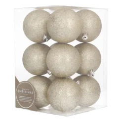 12 Hellgoldene Glitter-Weihnachtskugeln In Praktischer Box