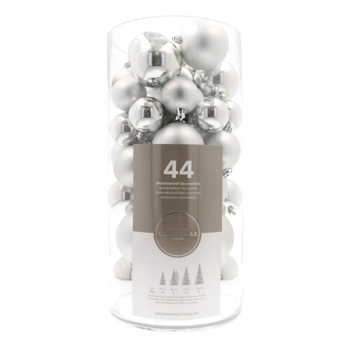 44 Weihnachtskugeln, Silber, Kunststoff, 5-8 Cm