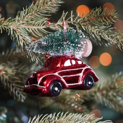 Anhänger Auto Mit Tannenbaum, Rot, Kunststoff, 10 Cm