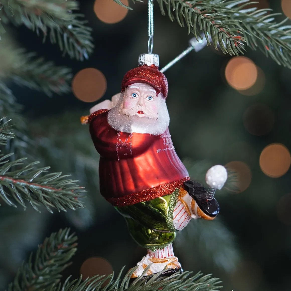 Anhänger Golfender Weihnachtsmann, Rot, Glas, 11 Cm