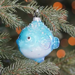 Anhänger Kugelfisch, Blau, Glas, 9 Cm