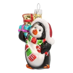 Anhänger Pinguin Mit Geschenken, Schwarz-weiß, Glas, 9 Cm