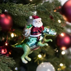 Anhänger Weihnachtsmann Auf T-Rex, Rot-grün, Glas, 13 Cm