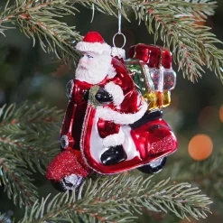 Anhänger Weihnachtsmann Auf Roller, Rot, Glas, 11 Cm