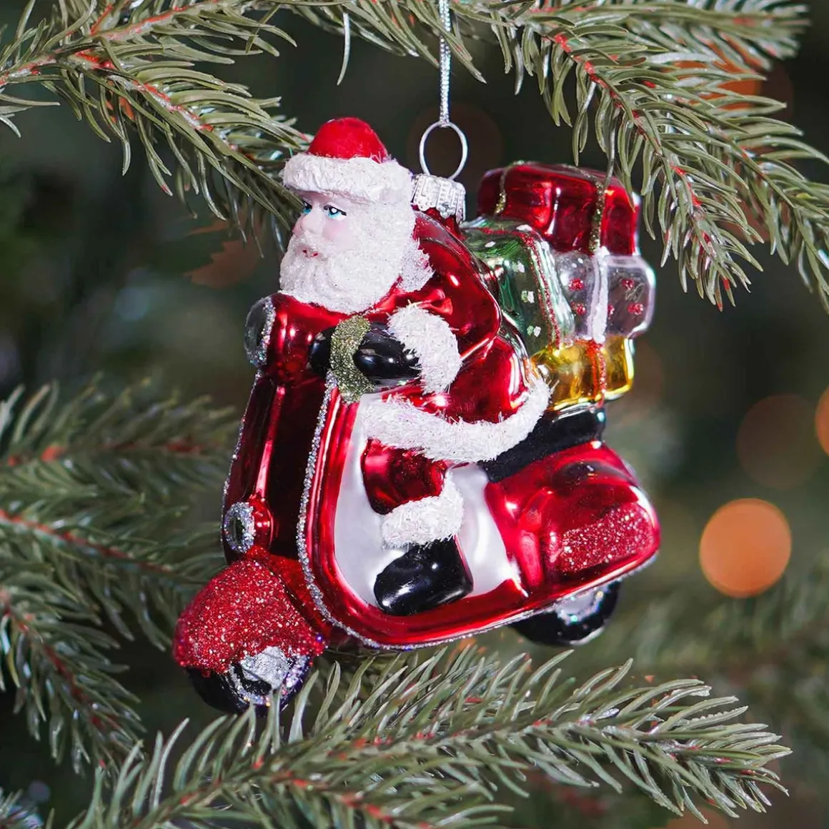 Anhänger Weihnachtsmann Auf Roller, Rot, Glas, 11 Cm