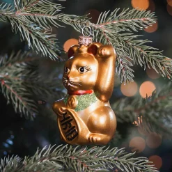 Anhänger Winkende Katze, Gold, Glas, 10,5 Cm