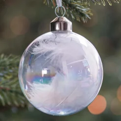 Außergewöhnliche Weihnachtskugel Mit Federn Gefüllt, Weiß, Glas, 8 Cm