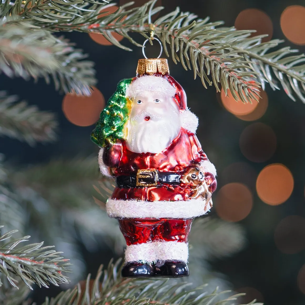 Klassischer Weihnachtsmann-Anhänger Aus Glas Mit Uhr Und Zuckerstange