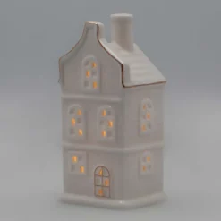 LED Lichthaus „Stufengiebel“, Weiß, Porzellan, 17 Cm