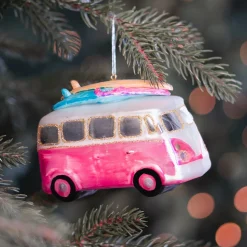 Rosafarbener Retro Weihnachtsanhänger "Hippie Bus"