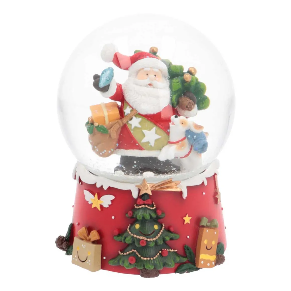 Schneekugel Weihnachtsmann Mit Hund, Mit Spieluhr, Ø 10 Cm