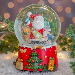 Schneekugel Weihnachtsmann Mit Hund, Mit Spieluhr, Ø 10 Cm