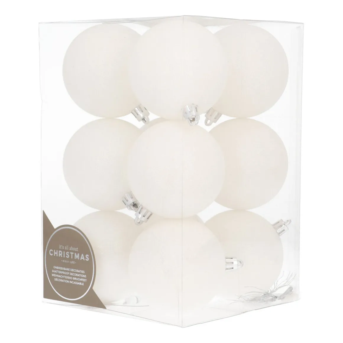 Set Von 12 Weißen Weihnachtskugeln Mit Glitzer In Box
