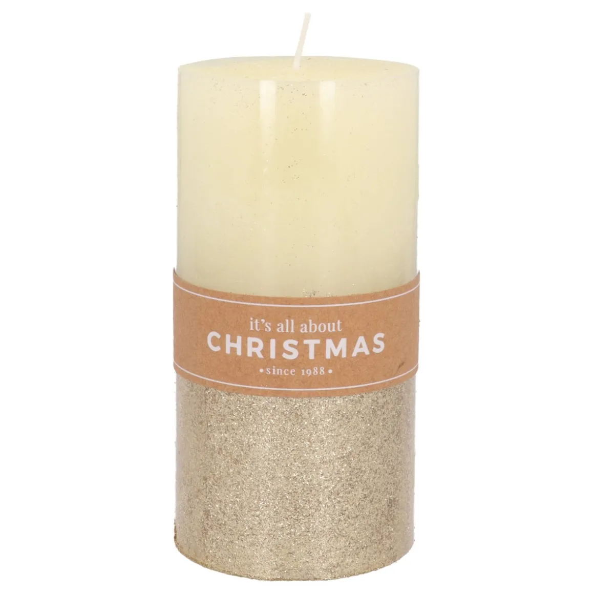 Stumpenkerze, Elfenbein Mit Goldenem Glitzer, Paraffin, 15 Cm