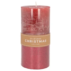 Stumpenkerze, Rot Mit Rotem Glitzer, Paraffin, 15 Cm