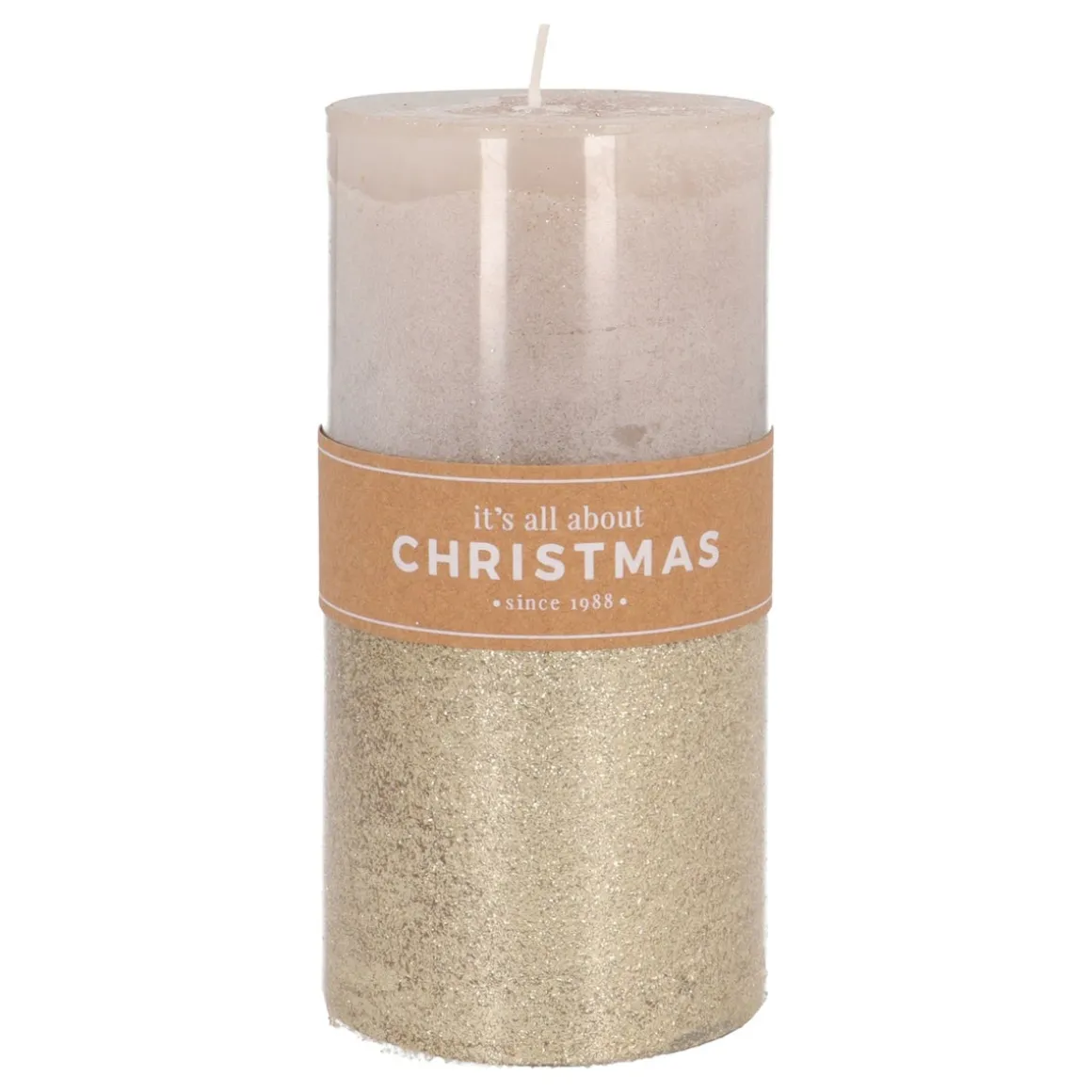 Stumpenkerze, Taupe Mit Goldenem Glitzer, Paraffin, 15 Cm