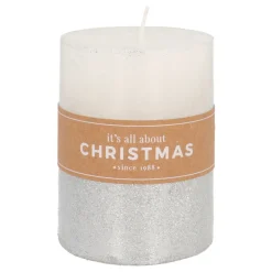 Stumpenkerze, Weiß Mit Silbernem Glitzer, Paraffin, 10 Cm