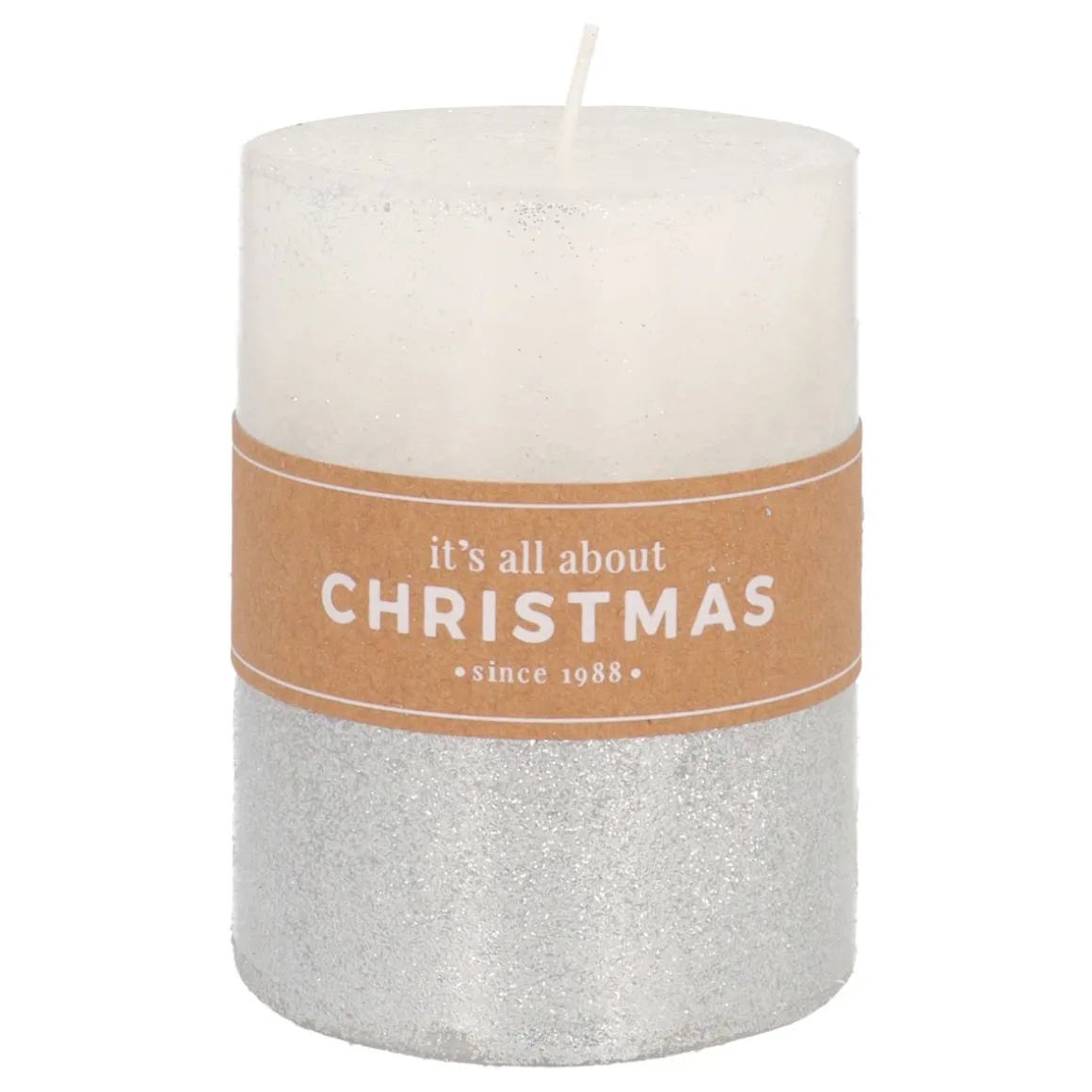 Stumpenkerze, Weiß Mit Silbernem Glitzer, Paraffin, 10 Cm