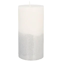 Stumpenkerze, Weiß Mit Silbernem Glitzer, Paraffin, 15 Cm