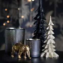 Teelichthalter Lochmuster Schwarz, Glas, 8 Cm