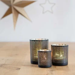 Teelichthalter Lochmuster Schwarz, Glas, 10 Cm