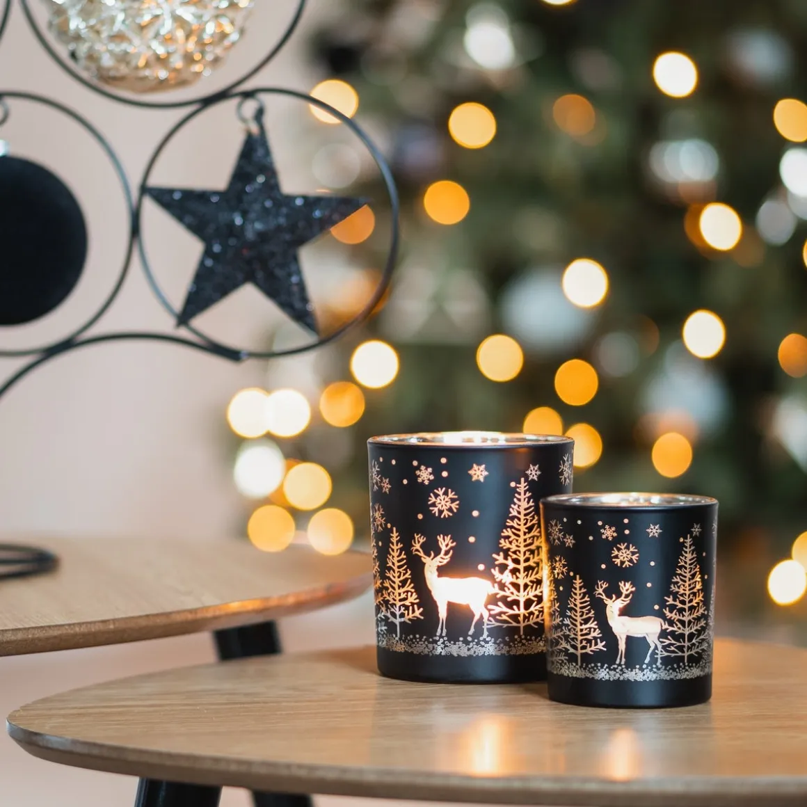 Teelichthalter Rentier Im Wald, Schwarz, Glas, 8 Cm