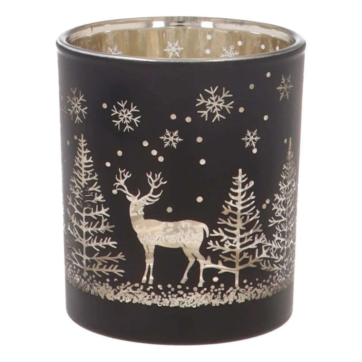 Teelichthalter Rentier Im Wald, Schwarz, Glas, 8 Cm