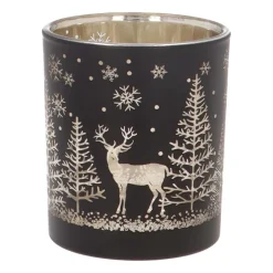 Teelichthalter Rentier Im Wald, Schwarz, Glas, 8 Cm