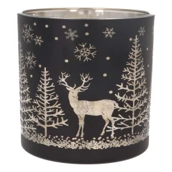 Teelichthalter Rentier Im Wald, Schwarz, Glas, 15 Cm