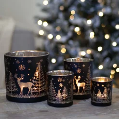 Teelichthalter Rentier Im Wald, Schwarz, Glas, 15 Cm