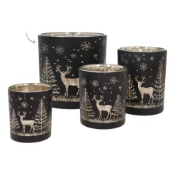 Teelichthalter Rentier Im Wald, Schwarz, Glas, 15 Cm