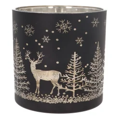 Teelichthalter Rentier Im Wald, Schwarz, Glas, 15 Cm