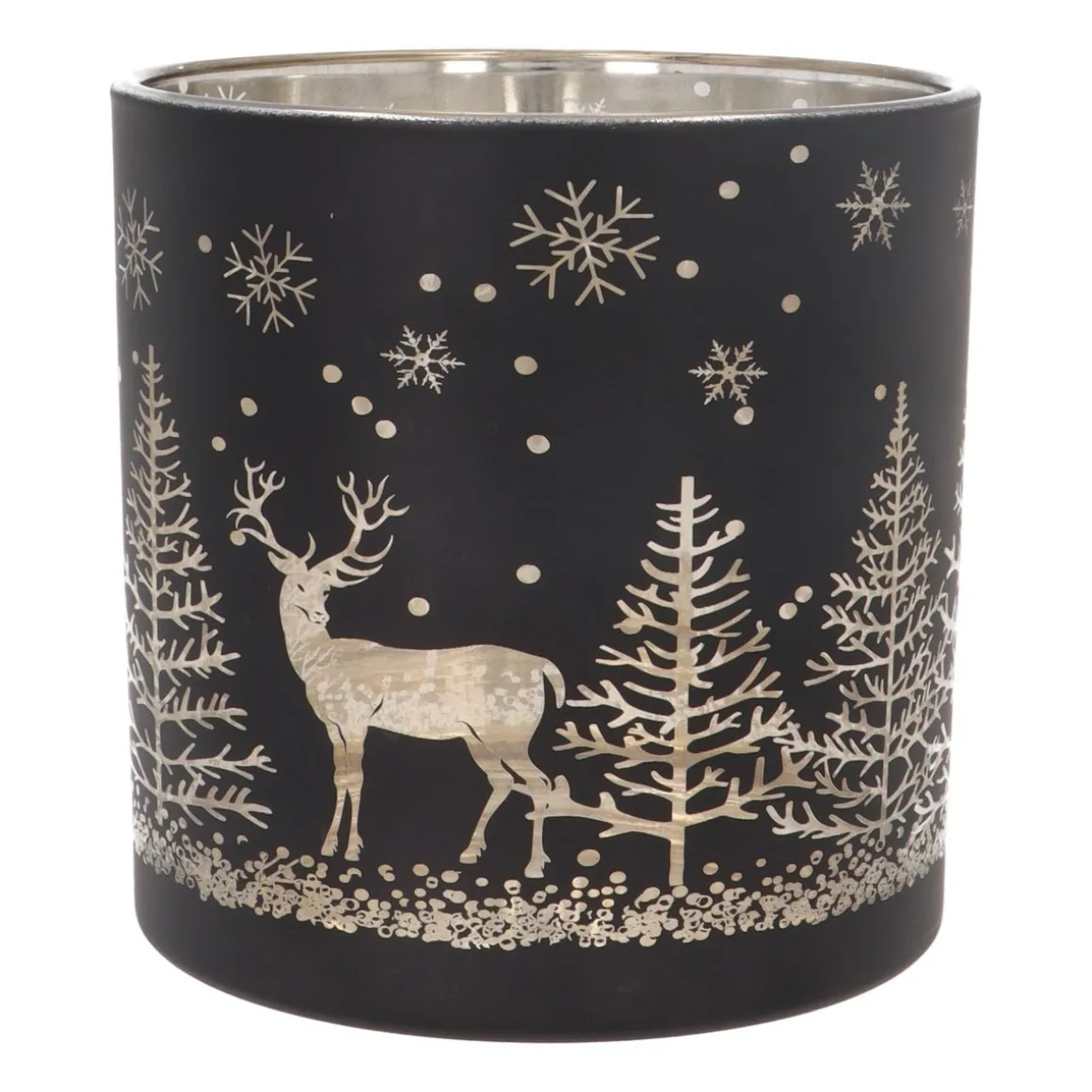 Teelichthalter Rentier Im Wald, Schwarz, Glas, 15 Cm