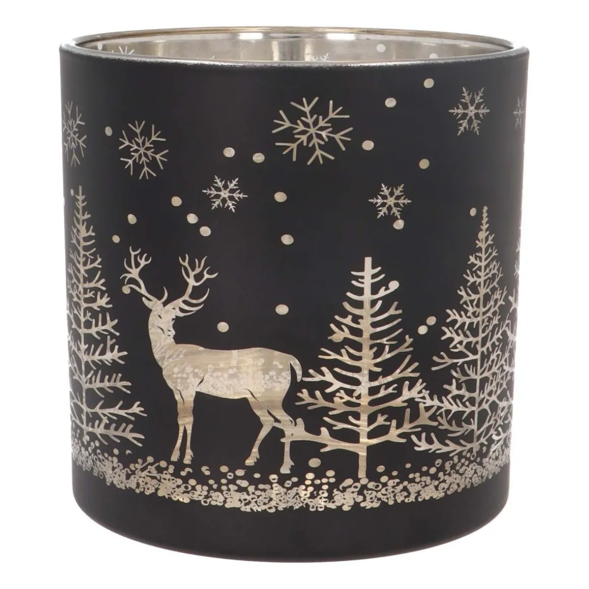 Teelichthalter Rentier Im Wald, Schwarz, Glas, 15 Cm