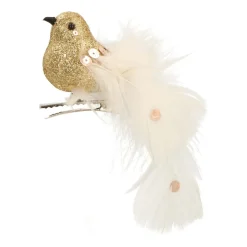 Vogel Mit Clip Und Feder, Hellgold-weiß, Kunststoff, 15 Cm