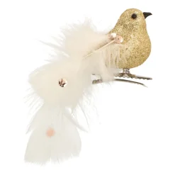 Vogel Mit Clip Und Feder, Hellgold-weiß, Kunststoff, 15 Cm