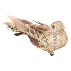 Vogel Mit Clip Und Feder, Hellgold, Kunststoff, 20 Cm