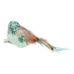 Vogel Mit Clip Und Feder, Petrol, Kunststoff, 16 Cm