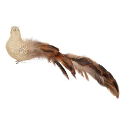 Vogel Mit Clip Und Großer Feder, Hellgold, Kunststoff, 30 Cm