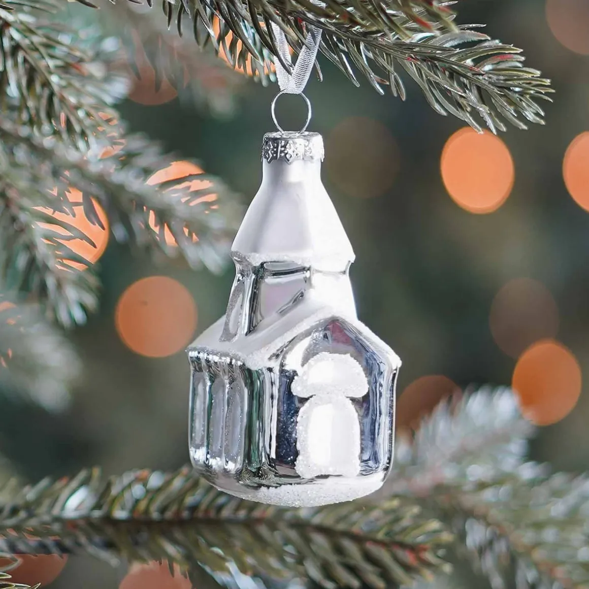 Weihnachtskirche Mit Schneebedecktem Dach, Silber, Glas, 8 Cm