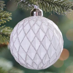 Weihnachtskugel Rautenmuster, Weiß, Glas, 8 Cm