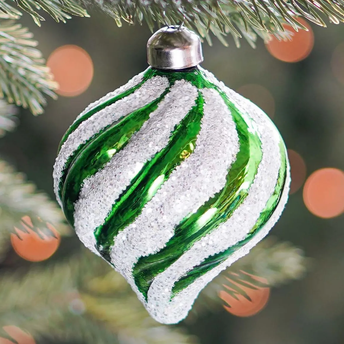 Weihnachtskugel Swirl In Zwiebelform, Grün-weiß, Glas, 8 Cm